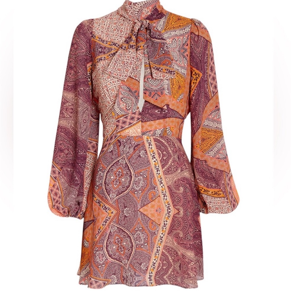 Divine Heritage Orchid Mini Dress Long Sleeves Neck Tie Size XS New with Tags